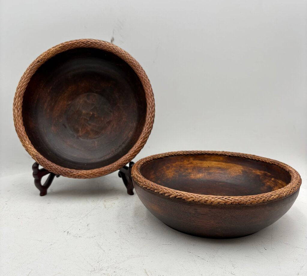 Vintage Turned Teakwood Woven Wicker Lip Bowl