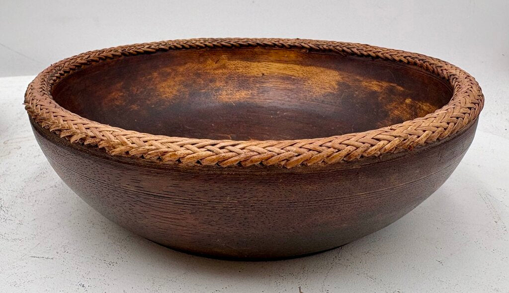 Vintage Turned Teakwood Woven Wicker Lip Bowl