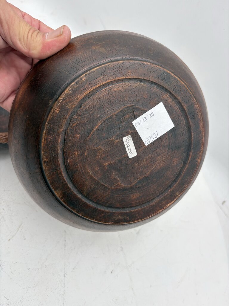 Vintage Turned Teakwood Woven Wicker Lip Bowl