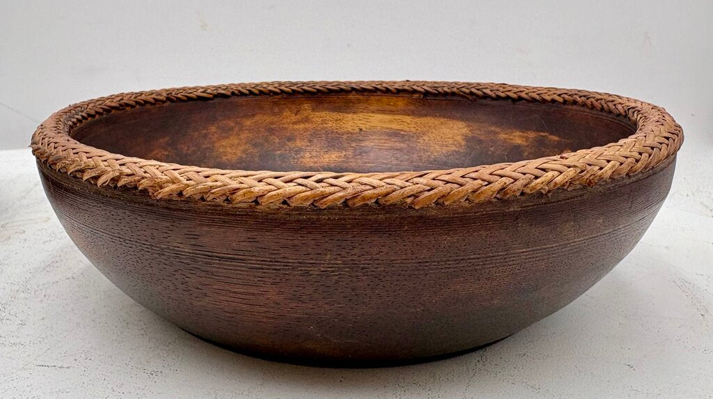 Vintage Turned Teakwood Woven Wicker Lip Bowl