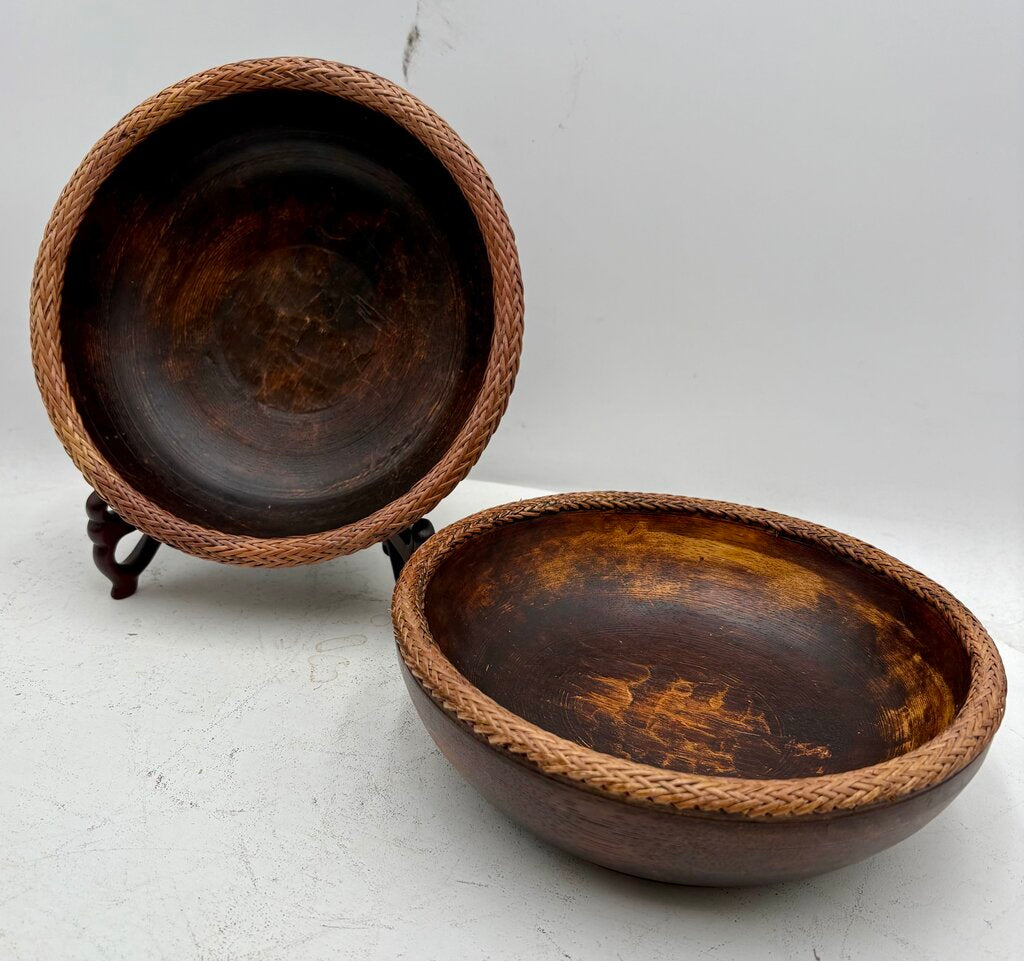 Vintage Turned Teakwood Woven Wicker Lip Bowl