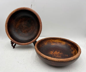 Vintage Turned Teakwood Woven Wicker Lip Bowl