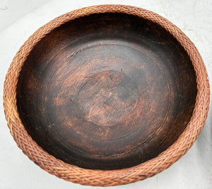 Vintage Turned Teakwood Woven Wicker Lip Bowl