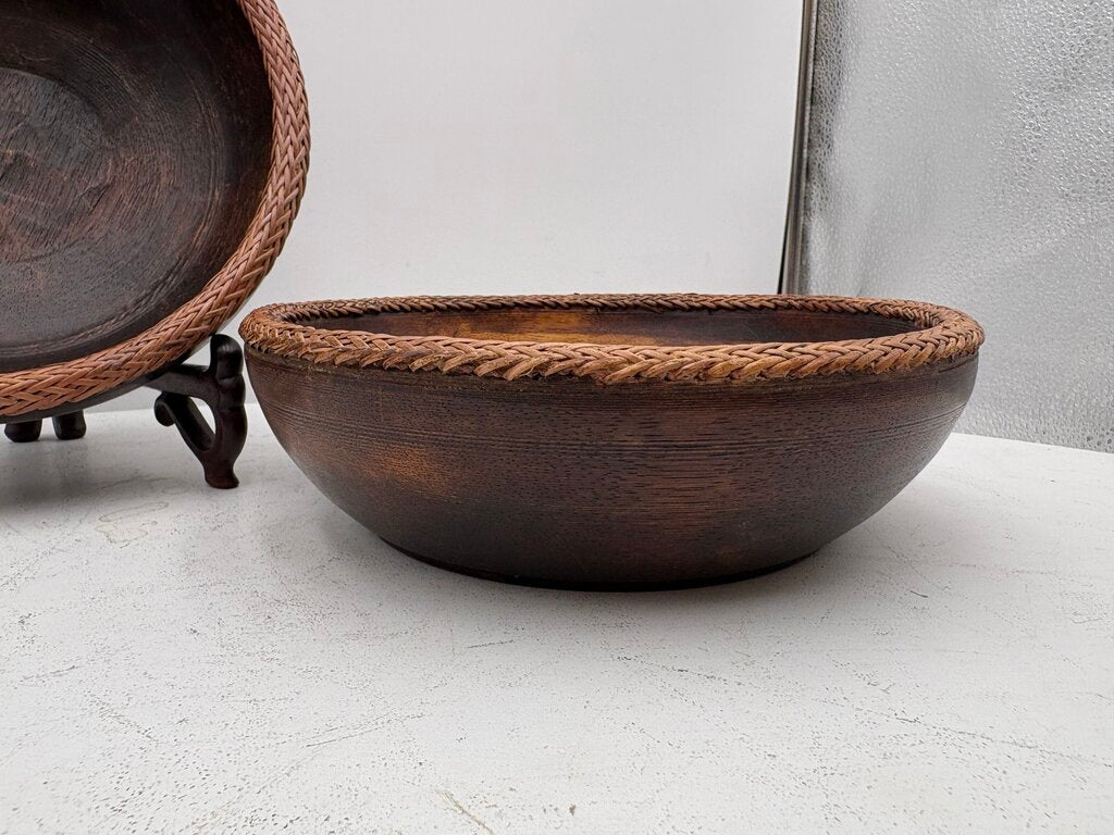Vintage Turned Teakwood Woven Wicker Lip Bowl