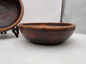 Vintage Turned Teakwood Woven Wicker Lip Bowl