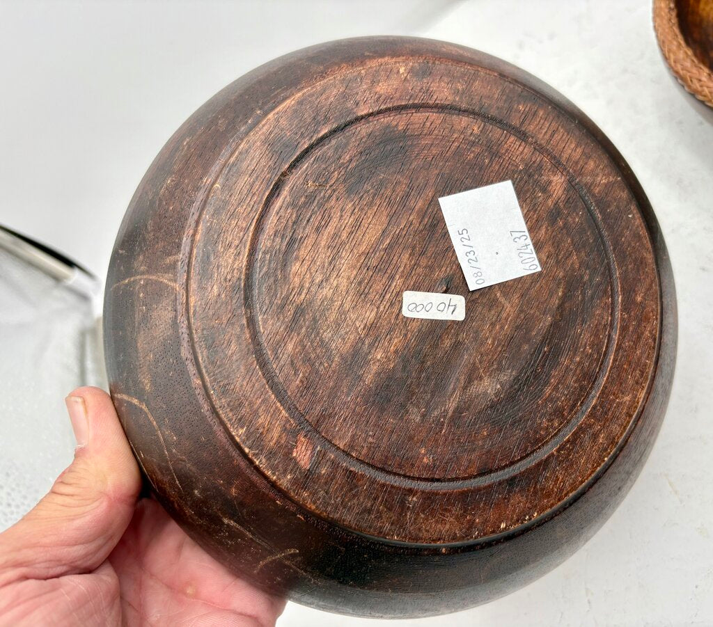 Vintage Turned Teakwood Woven Wicker Lip Bowl