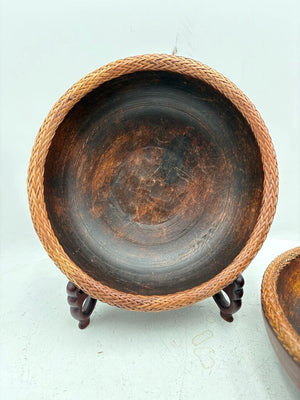 Vintage Turned Teakwood Woven Wicker Lip Bowl