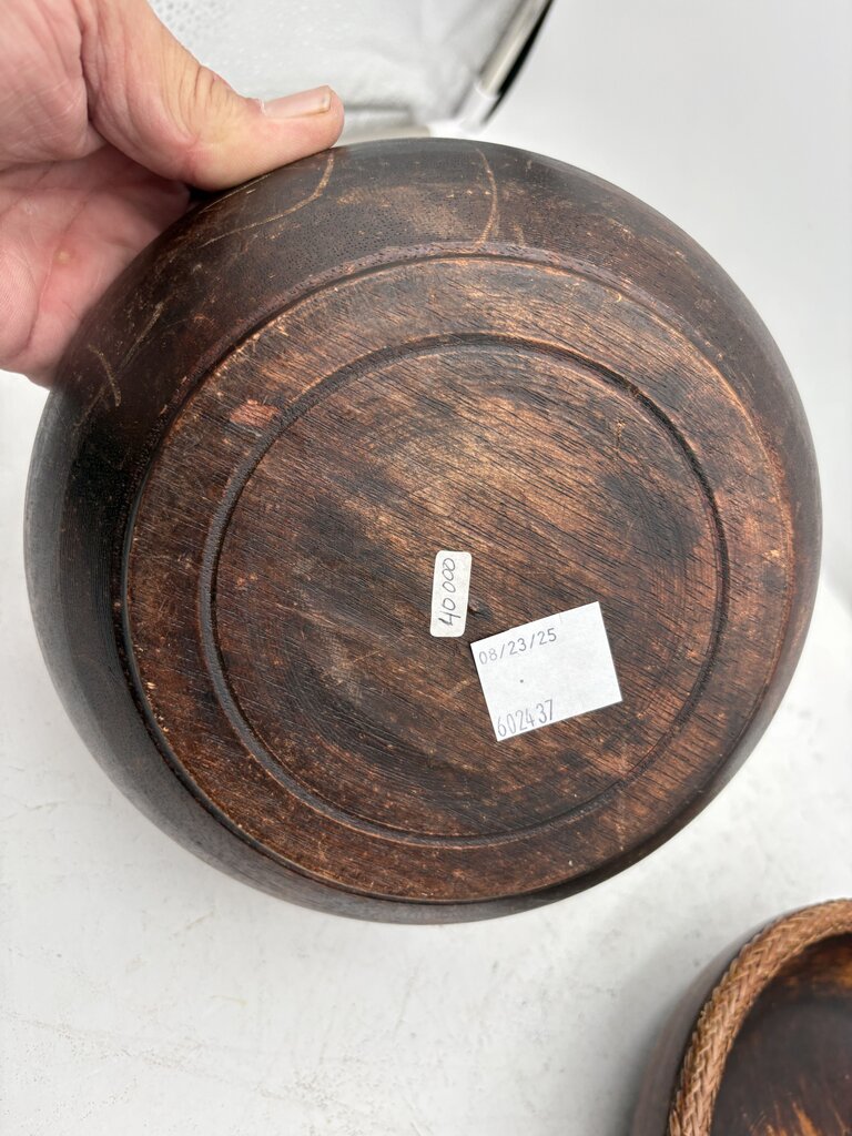 Vintage Turned Teakwood Woven Wicker Lip Bowl