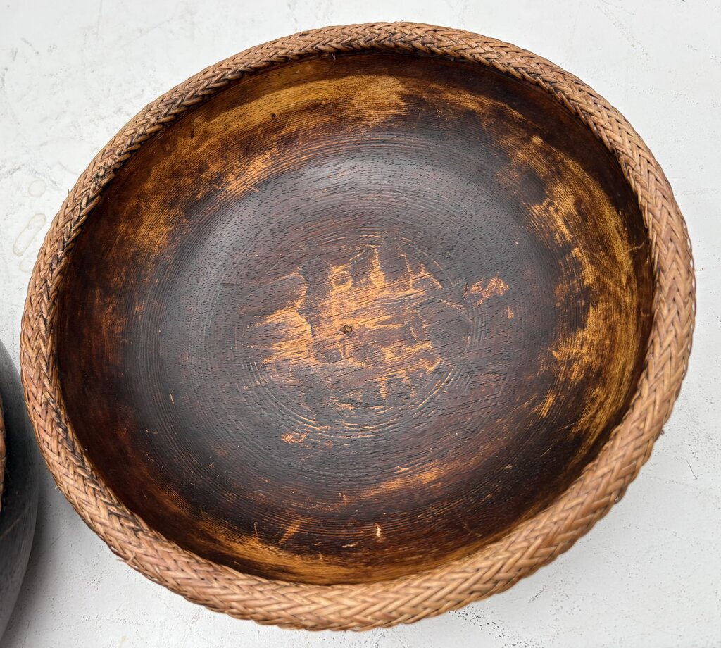 Vintage Turned Teakwood Woven Wicker Lip Bowl