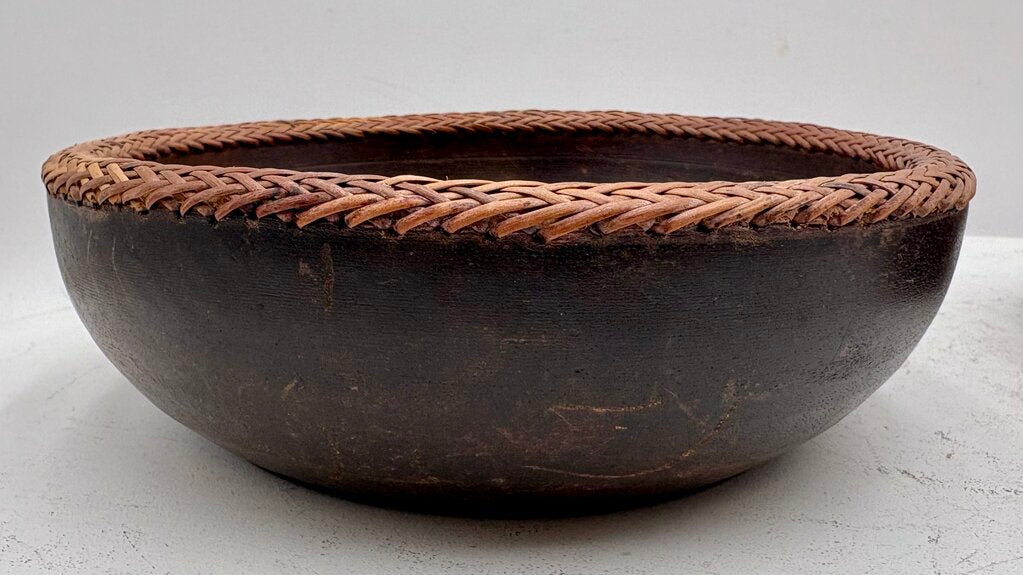 Vintage Turned Teakwood Woven Wicker Lip Bowl