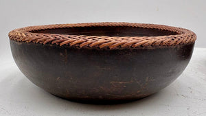 Vintage Turned Teakwood Woven Wicker Lip Bowl