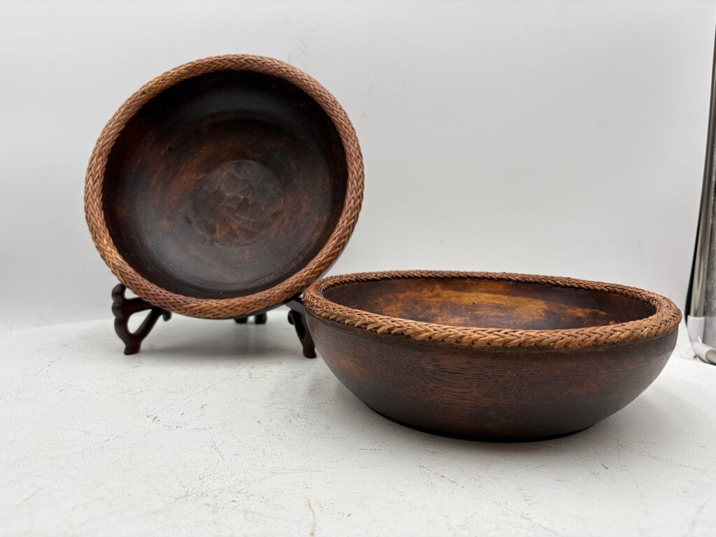Vintage Turned Teakwood Woven Wicker Lip Bowl