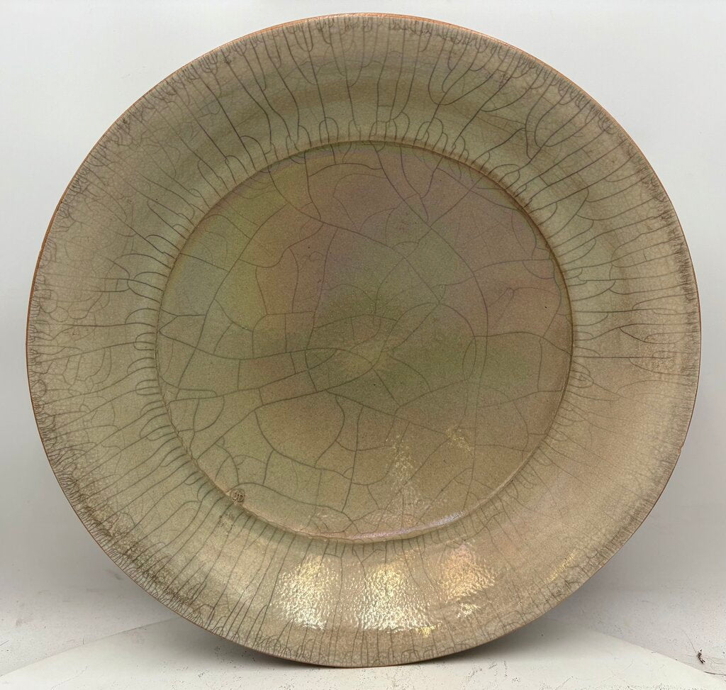 John Dermer Australian Pottery Stamped Ledge Beige Crackle Glazed Bowl 17.75"