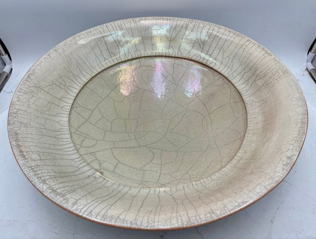 John Dermer Australian Pottery Stamped Ledge Beige Crackle Glazed Bowl 17.75"