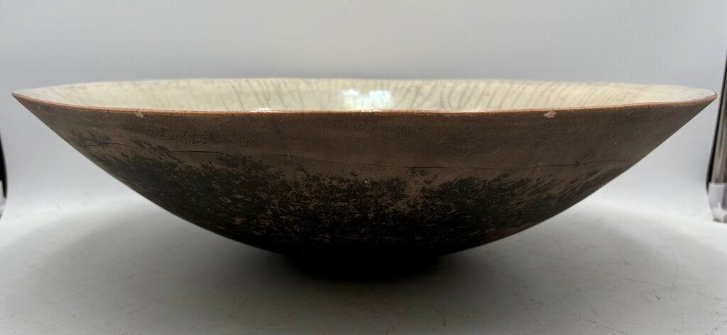 John Dermer Australian Pottery Stamped Ledge Beige Crackle Glazed Bowl 17.75"
