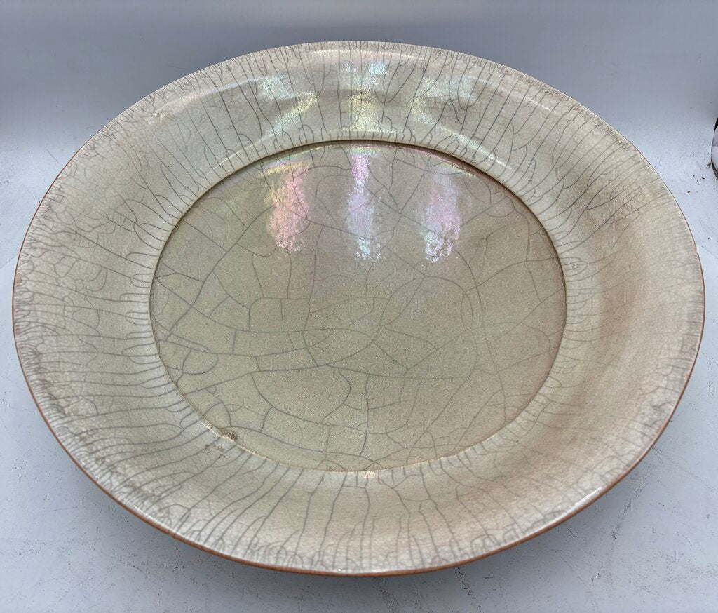 John Dermer Australian Pottery Stamped Ledge Beige Crackle Glazed Bowl 17.75"