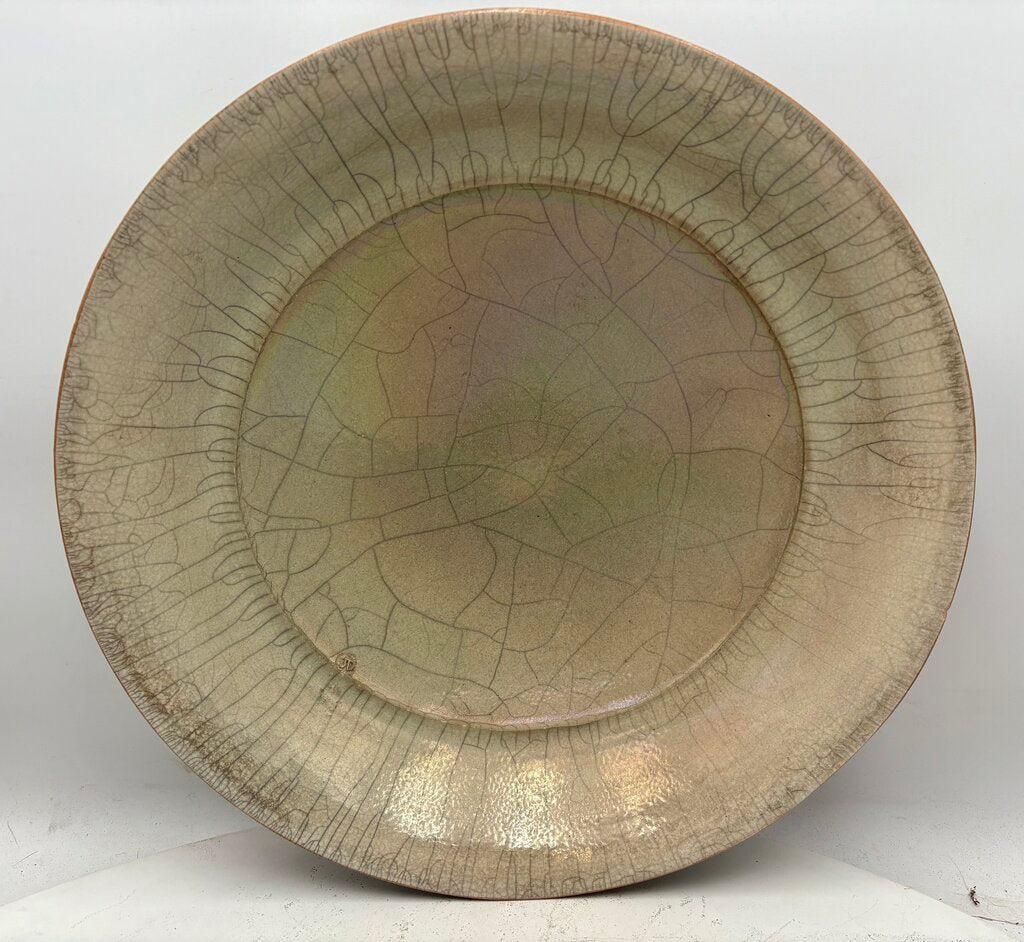John Dermer Australian Pottery Stamped Ledge Beige Crackle Glazed Bowl 17.75"