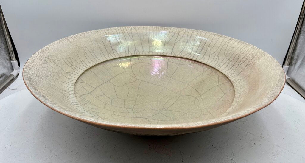 John Dermer Australian Pottery Stamped Ledge Beige Crackle Glazed Bowl 17.75"