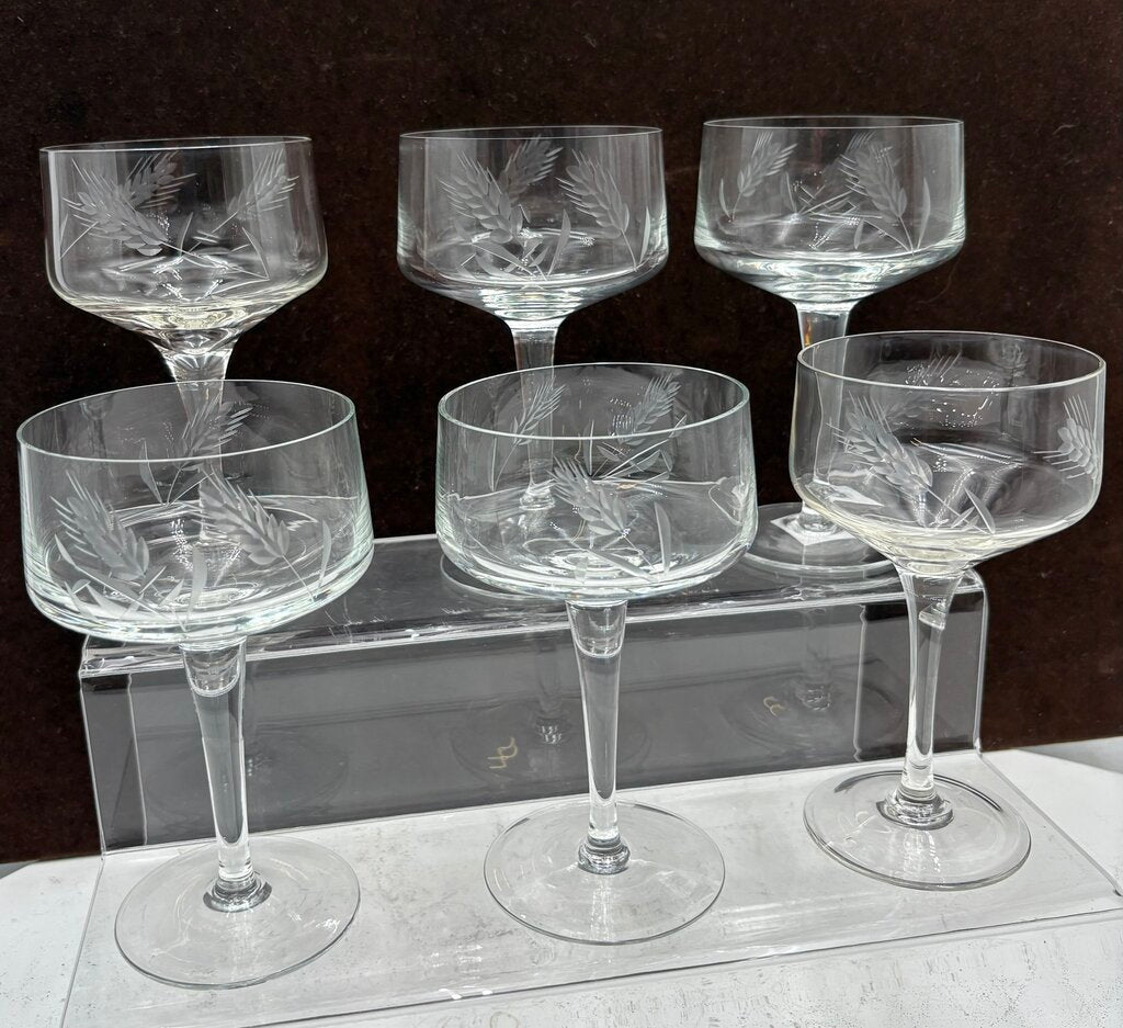 Unbranded Vintage Etched Wheat Design Blown Crystal Glasses 6" 10oz. (6Pcs)