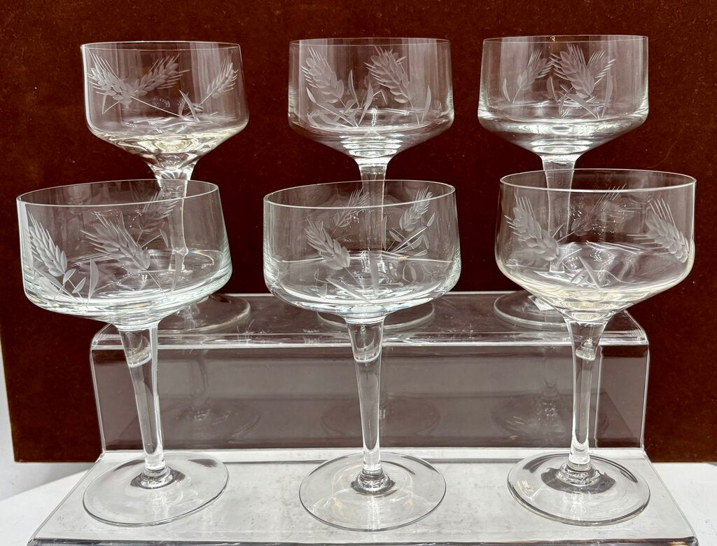 Unbranded Vintage Etched Wheat Design Blown Crystal Glasses 6" 10oz. (6Pcs)