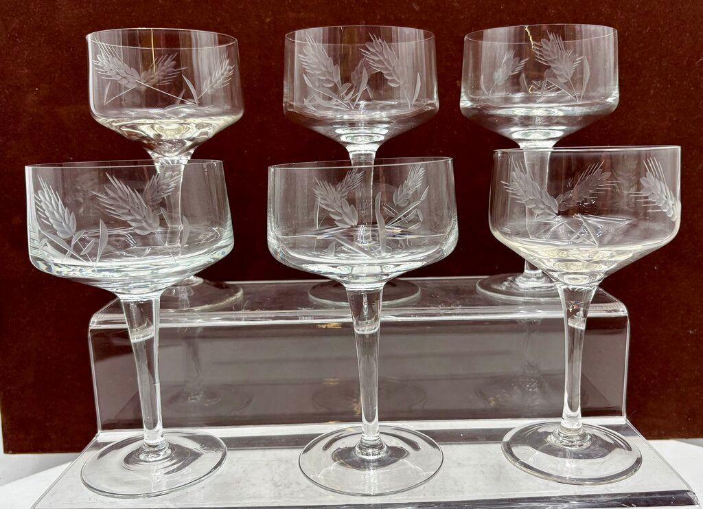 Unbranded Vintage Etched Wheat Design Blown Crystal Glasses 6" 10oz. (6Pcs)