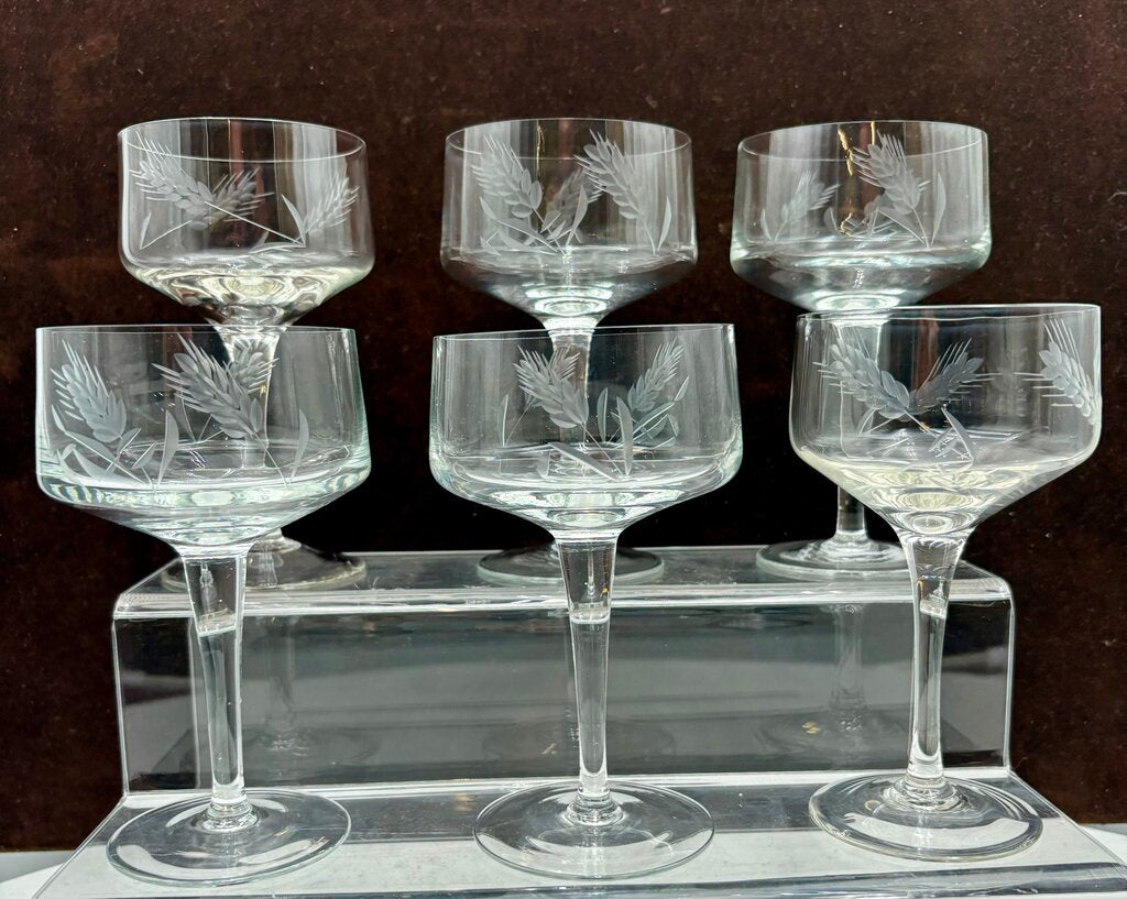 Unbranded Vintage Etched Wheat Design Blown Crystal Glasses 6" 10oz. (6Pcs)