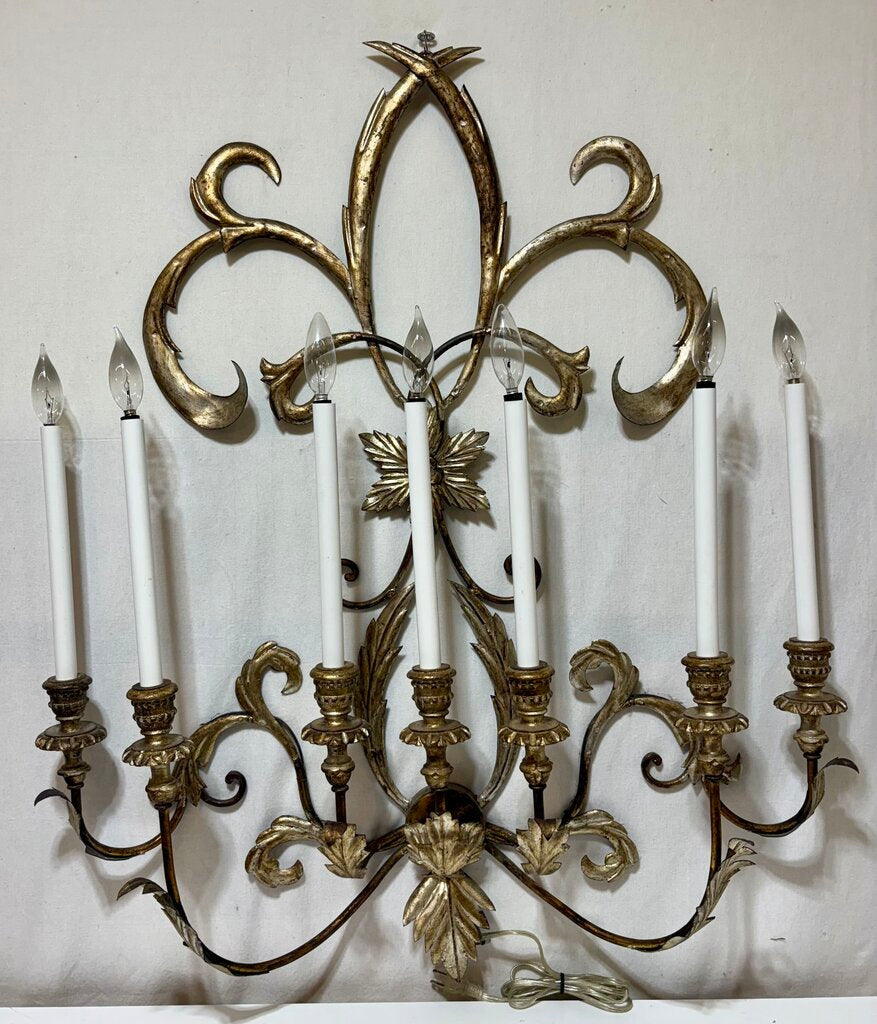 Custom Gilt Wrought Iron French Fleur de Lis Style 7 Lamp Candlestick Style Wall Sconce