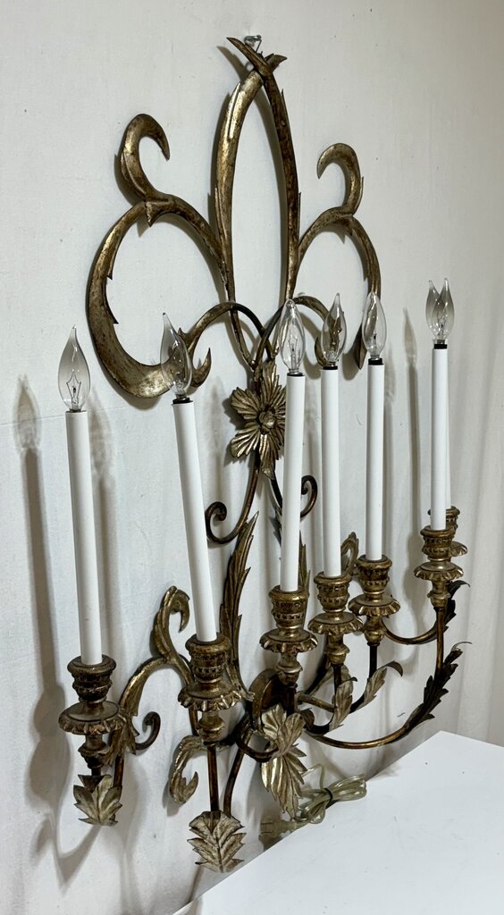 Custom Gilt Wrought Iron French Fleur de Lis Style 7 Lamp Candlestick Style Wall Sconce