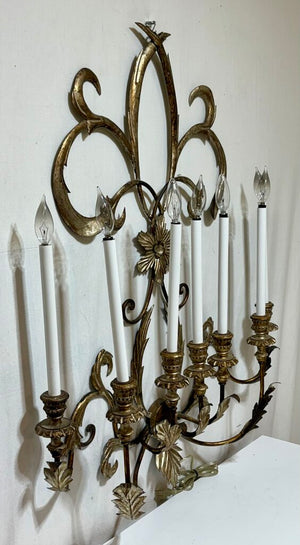 Custom Gilt Wrought Iron French Fleur de Lis Style 7 Lamp Candlestick Style Wall Sconce