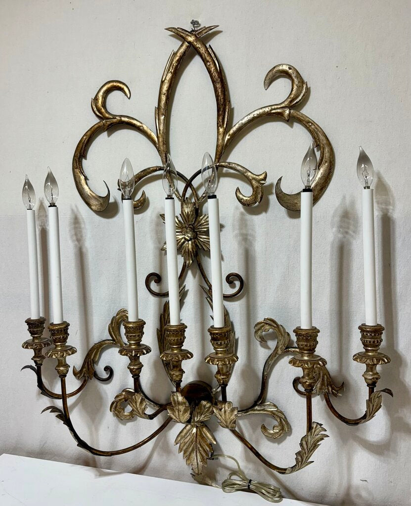 Custom Gilt Wrought Iron French Fleur de Lis Style 7 Lamp Candlestick Style Wall Sconce