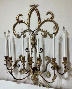 Custom Gilt Wrought Iron French Fleur de Lis Style 7 Lamp Candlestick Style Wall Sconce
