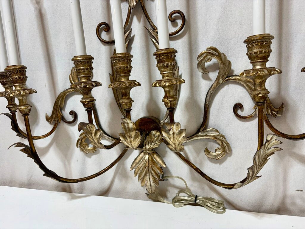 Custom Gilt Wrought Iron French Fleur de Lis Style 7 Lamp Candlestick Style Wall Sconce