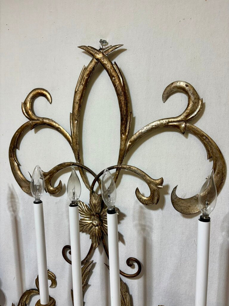Custom Gilt Wrought Iron French Fleur de Lis Style 7 Lamp Candlestick Style Wall Sconce