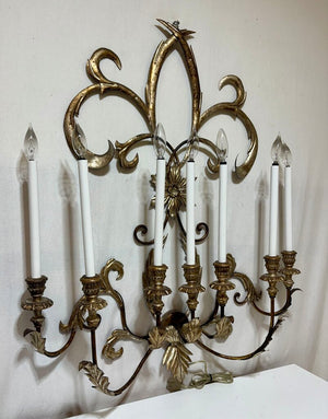 Custom Gilt Wrought Iron French Fleur de Lis Style 7 Lamp Candlestick Style Wall Sconce
