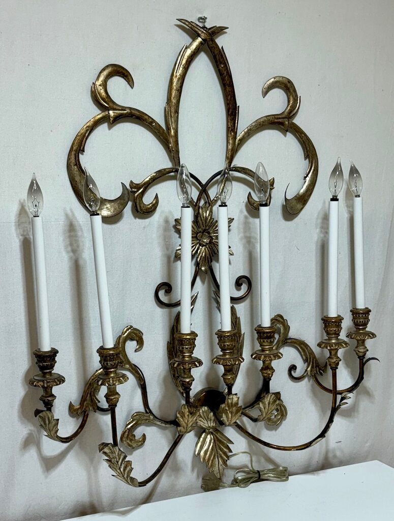 Custom Gilt Wrought Iron French Fleur de Lis Style 7 Lamp Candlestick Style Wall Sconce