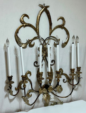 Custom Gilt Wrought Iron French Fleur de Lis Style 7 Lamp Candlestick Style Wall Sconce