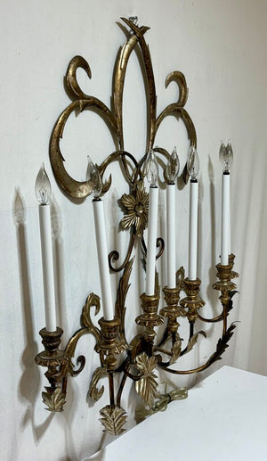 Custom Gilt Wrought Iron French Fleur de Lis Style 7 Lamp Candlestick Style Wall Sconce