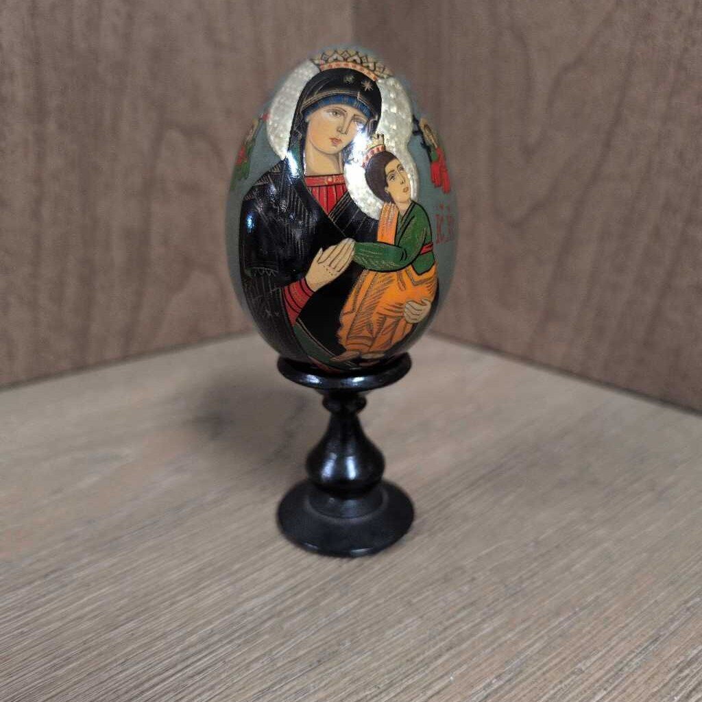 Russian Painted Wooden Icon Egg w/ Stand
