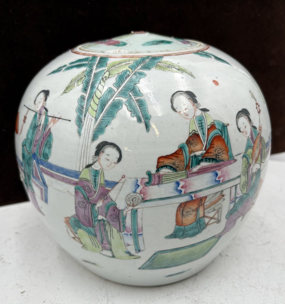 19th Century Chinese Famille Rose Enameled Figural Female Musicians Lidded Ovoid Ginger Jar