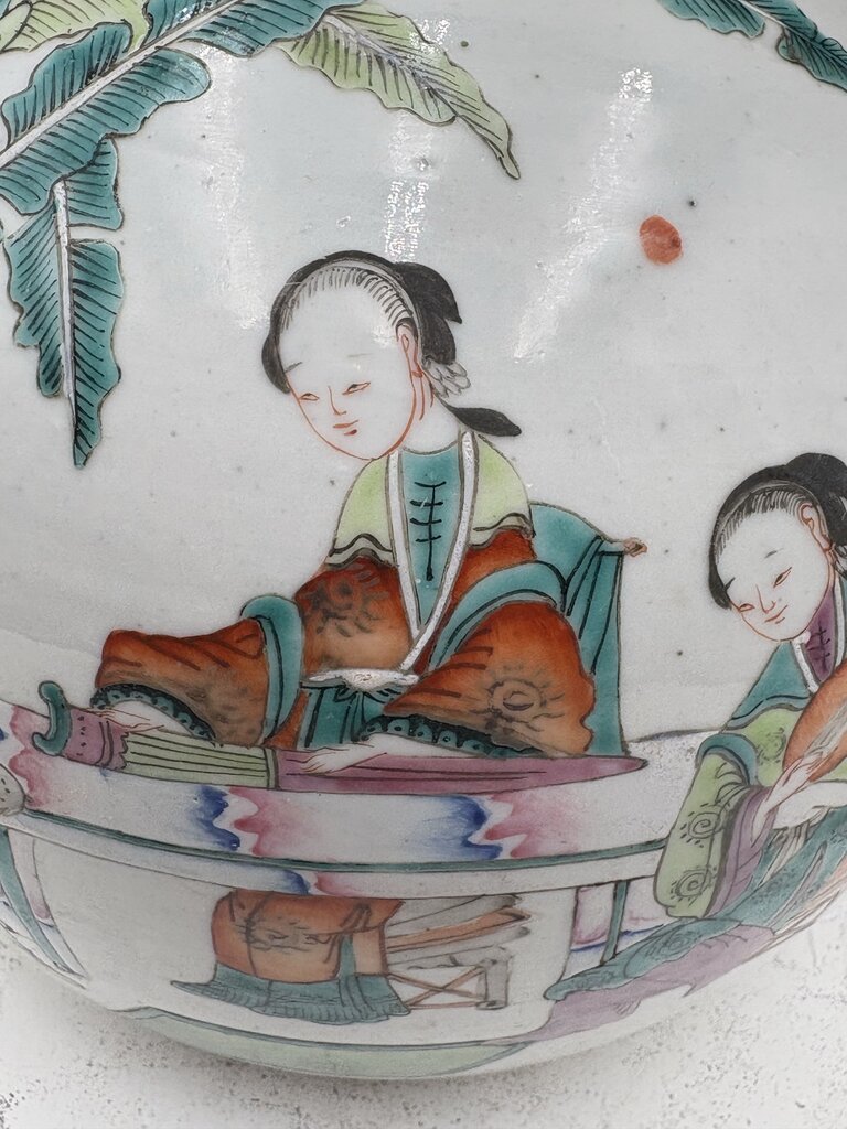 19th Century Chinese Famille Rose Enameled Figural Female Musicians Lidded Ovoid Ginger Jar
