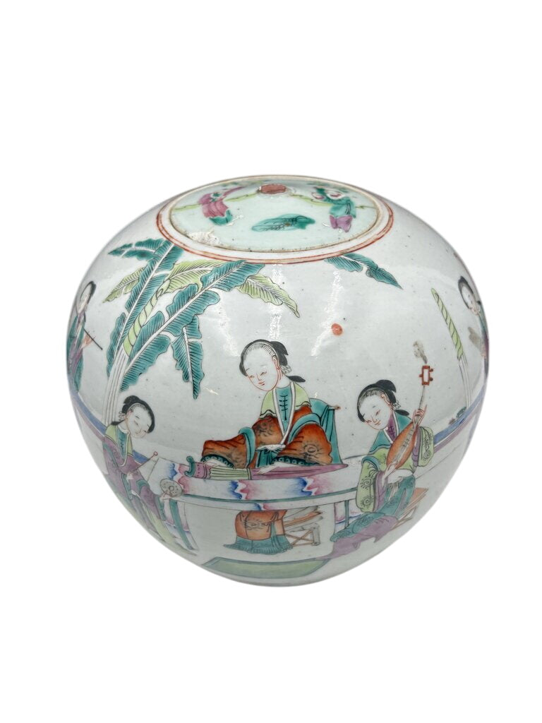 19th Century Chinese Famille Rose Enameled Figural Female Musicians Lidded Ovoid Ginger Jar