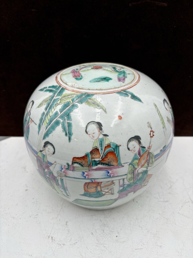 19th Century Chinese Famille Rose Enameled Figural Female Musicians Lidded Ovoid Ginger Jar