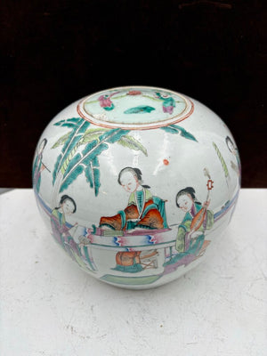 19th Century Chinese Famille Rose Enameled Figural Female Musicians Lidded Ovoid Ginger Jar