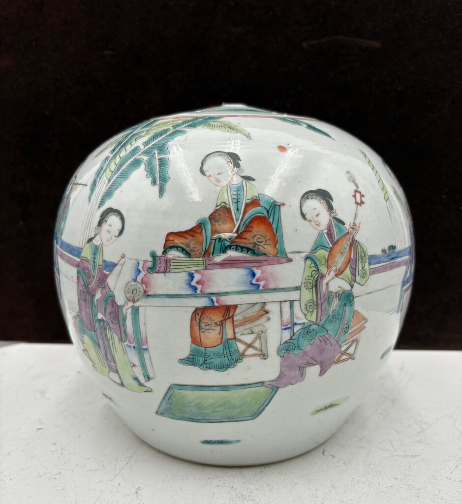 19th Century Chinese Famille Rose Enameled Figural Female Musicians Lidded Ovoid Ginger Jar