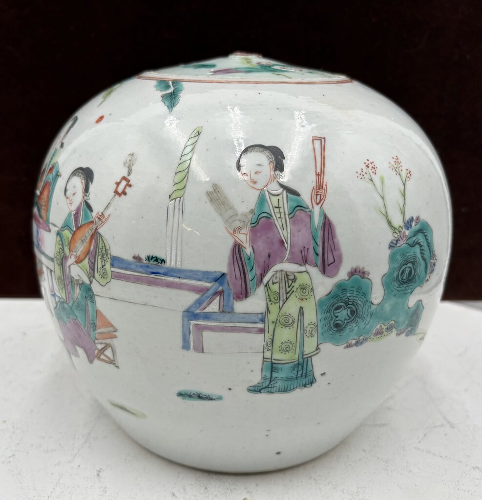 19th Century Chinese Famille Rose Enameled Figural Female Musicians Lidded Ovoid Ginger Jar