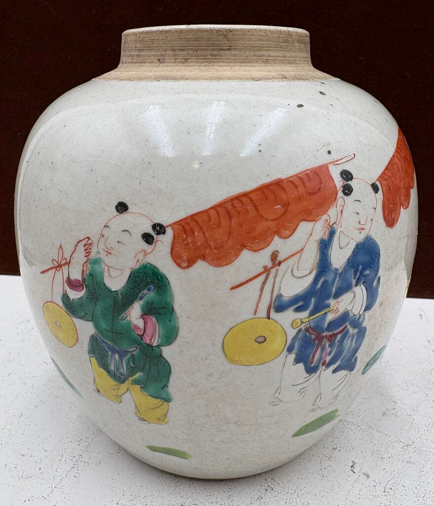 19th Century Chinese Famille Rose Enameled Figural Procession of Boys with Beasts Ovoid Ginger Jar