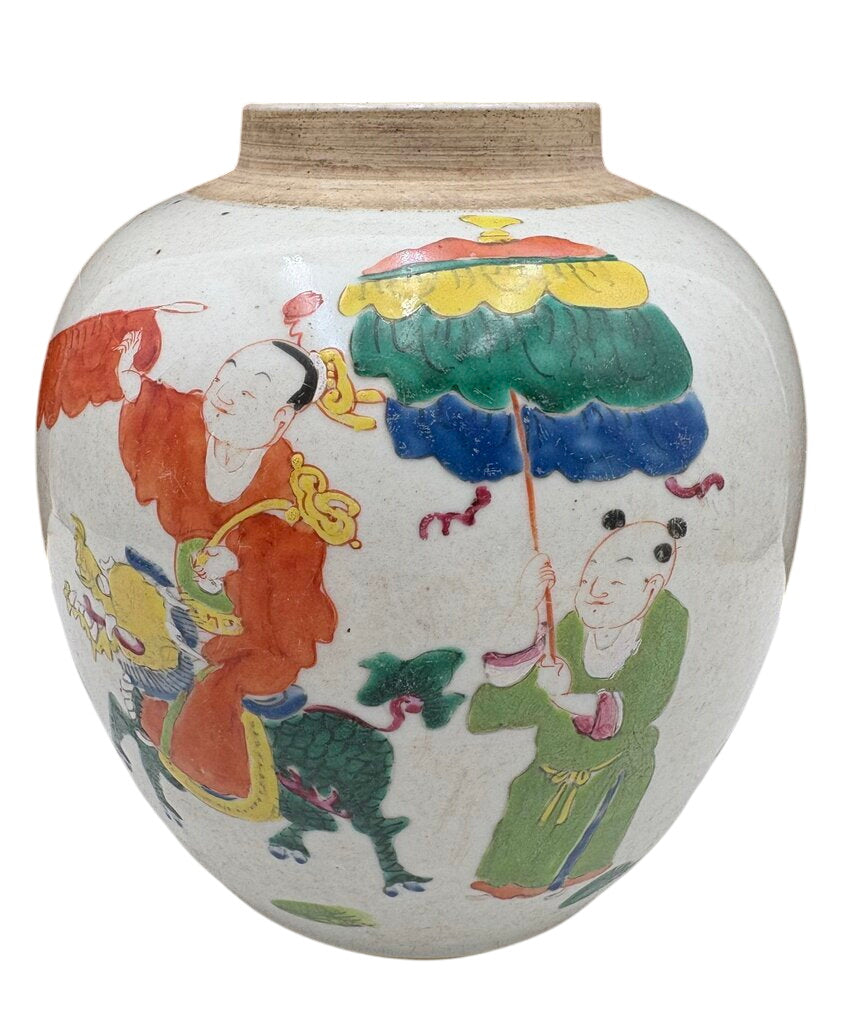 19th Century Chinese Famille Rose Enameled Figural Procession of Boys with Beasts Ovoid Ginger Jar