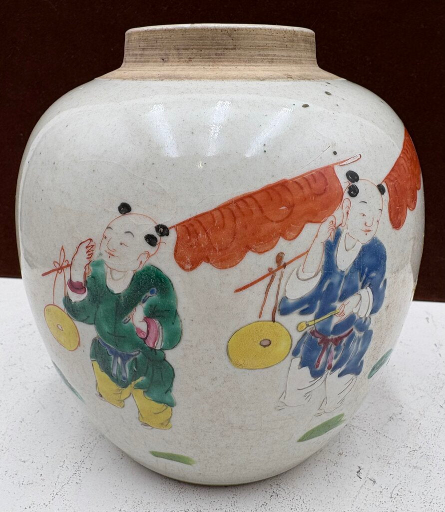 19th Century Chinese Famille Rose Enameled Figural Procession of Boys with Beasts Ovoid Ginger Jar