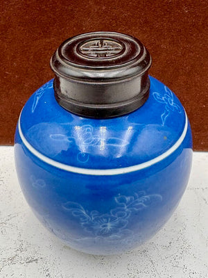 19th Century Chinese Monochrome Royal Blue Glazed Floral Motif Rosewood Lidded Mini Ginger Jar