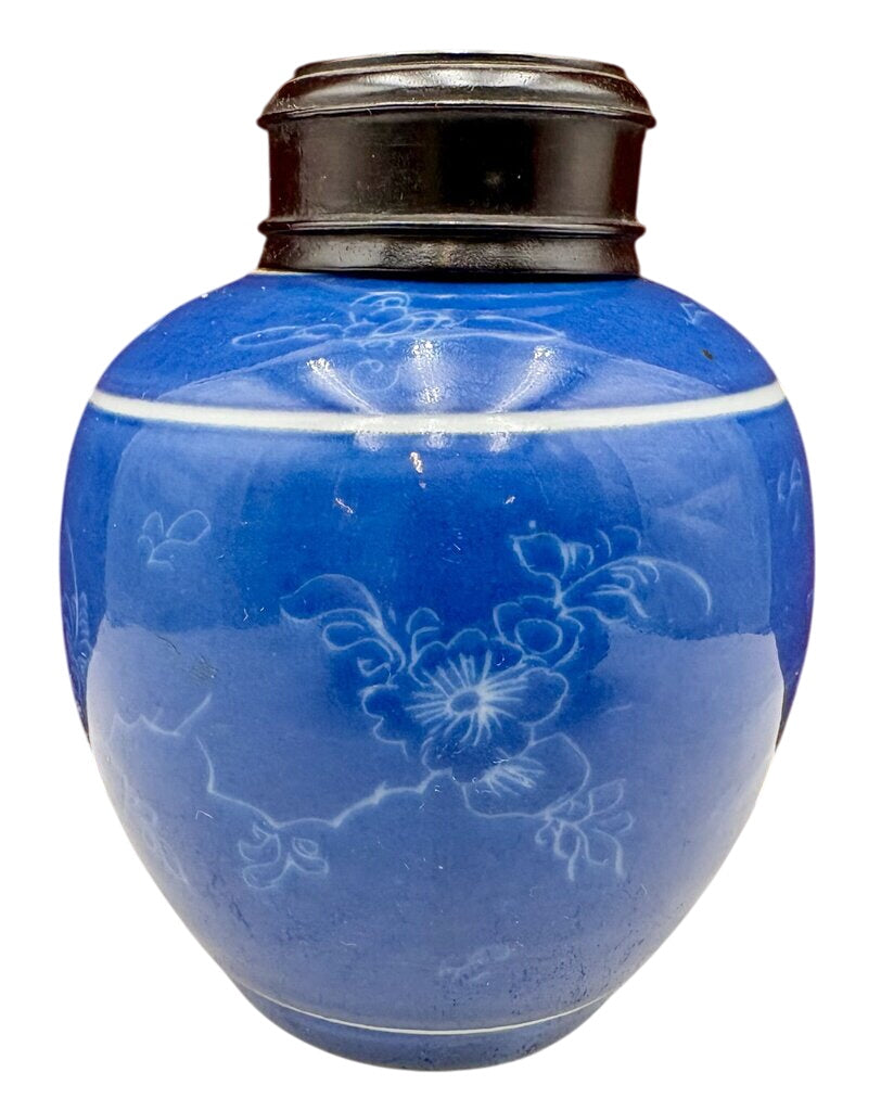 19th Century Chinese Monochrome Royal Blue Glazed Floral Motif Rosewood Lidded Mini Ginger Jar